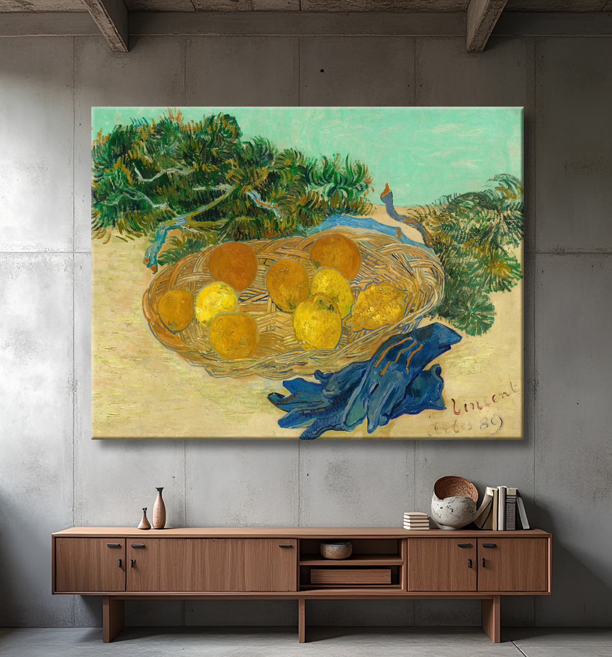 Reproduction Van Gogh : Nature morte d'oranges et de citrons avec des gants bleus avec decor