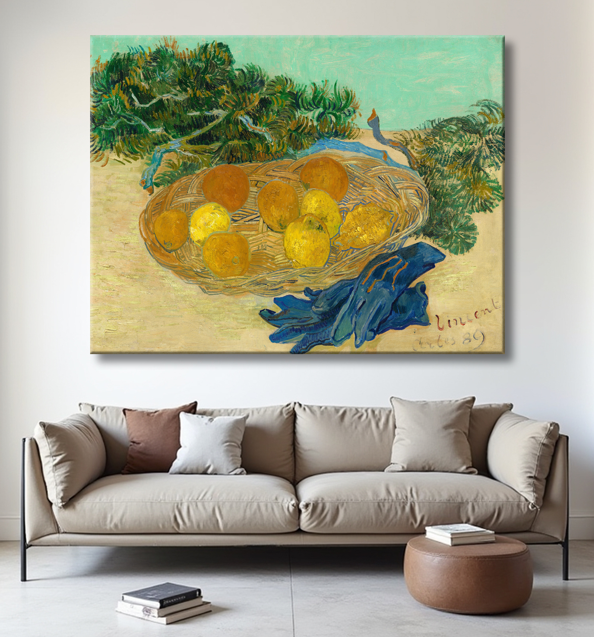 Reproduction sur toile de Nature morte d’oranges et de citrons avec des gants bleus de Vincent van Gogh : qualité musée, couleurs vibrantes et finitions artisanales pour une déco murale élégante.
