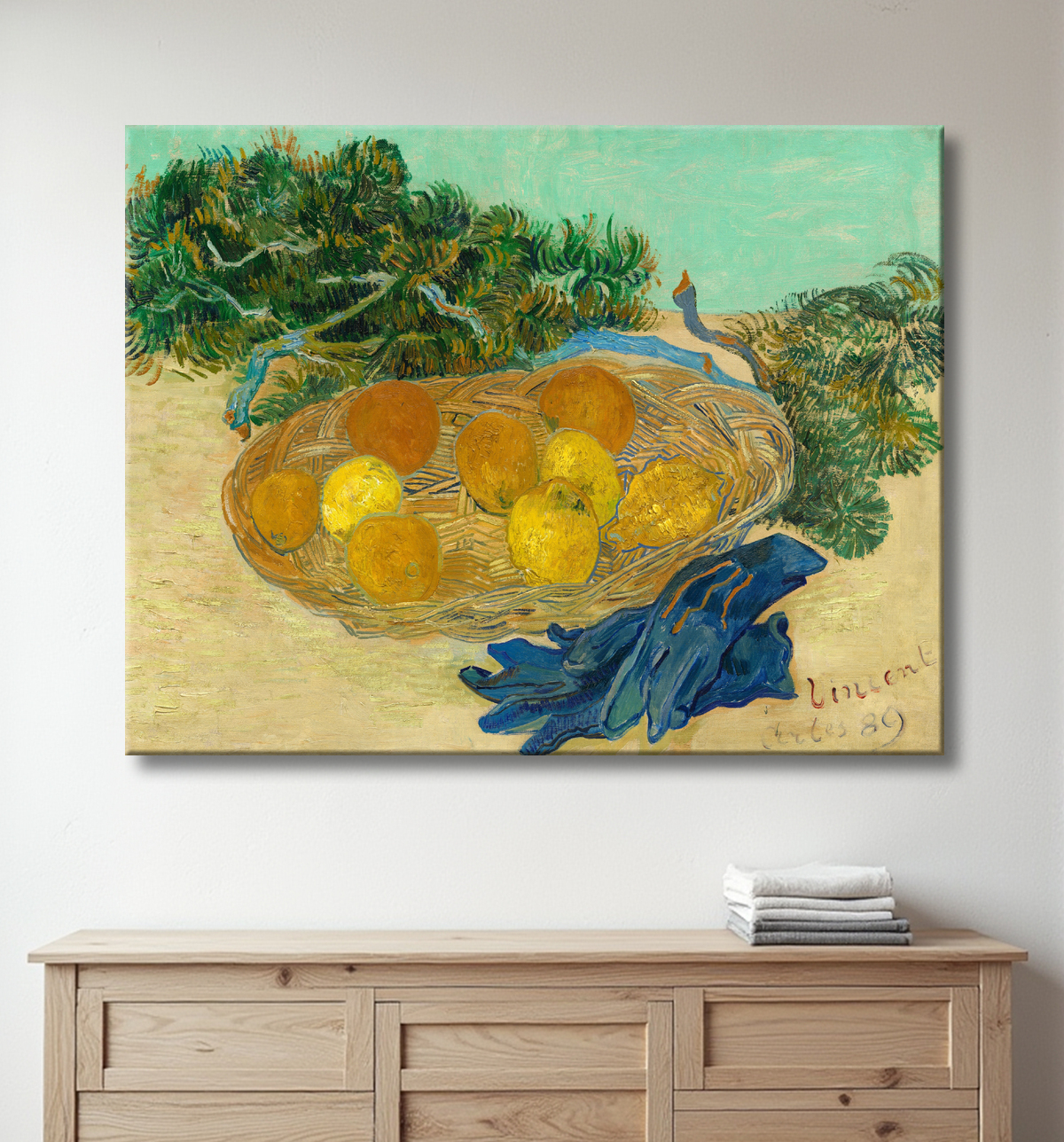 Reproduction Van Gogh : Nature morte d'oranges et de citrons avec des gants bleus avec decor