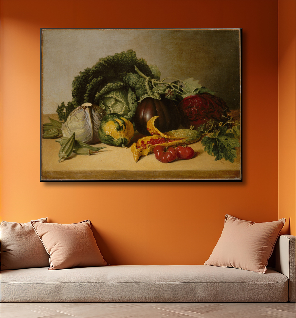 Reproduction Nature morte : pomme baumier et légumes de James Peale avec decor