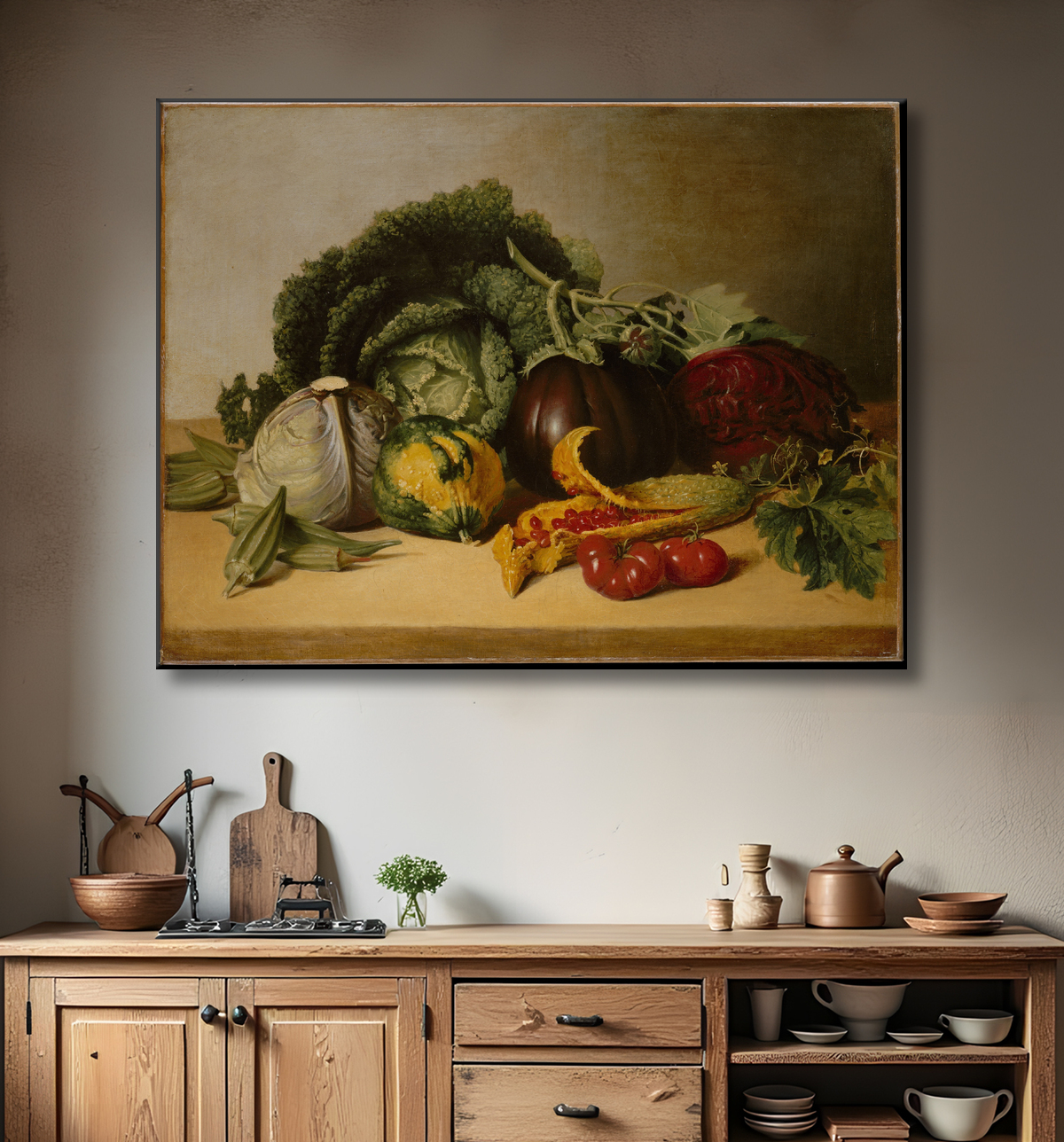 Reproduction Nature morte : pomme baumier et légumes de James Peale avec decor