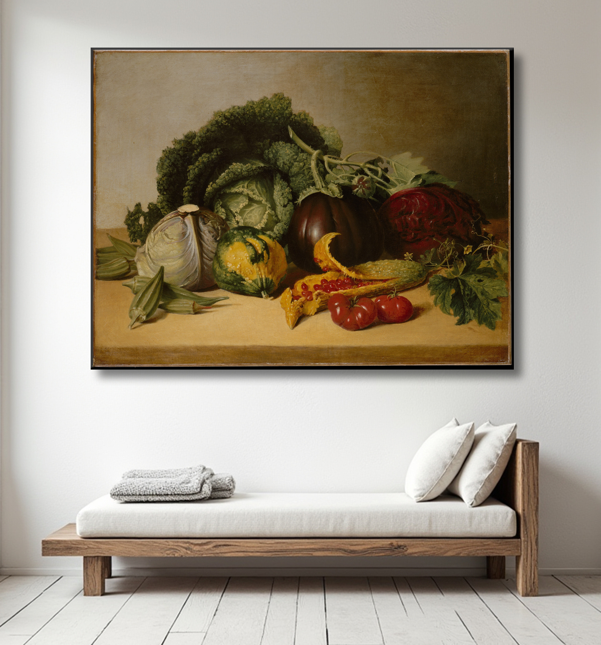 Reproduction Nature morte : pomme baumier et légumes de James Peale avec decor