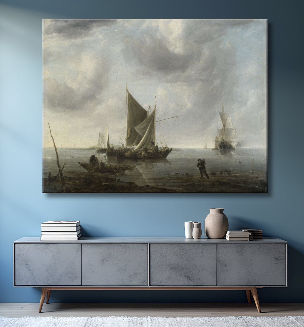 Reproduction Navires à l'ancre sur une mer calme de Jan van de Cappelle avec decor