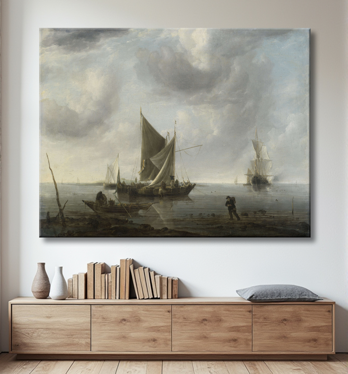 Reproduction Navires à l'ancre sur une mer calme de Jan van de Cappelle avec decor