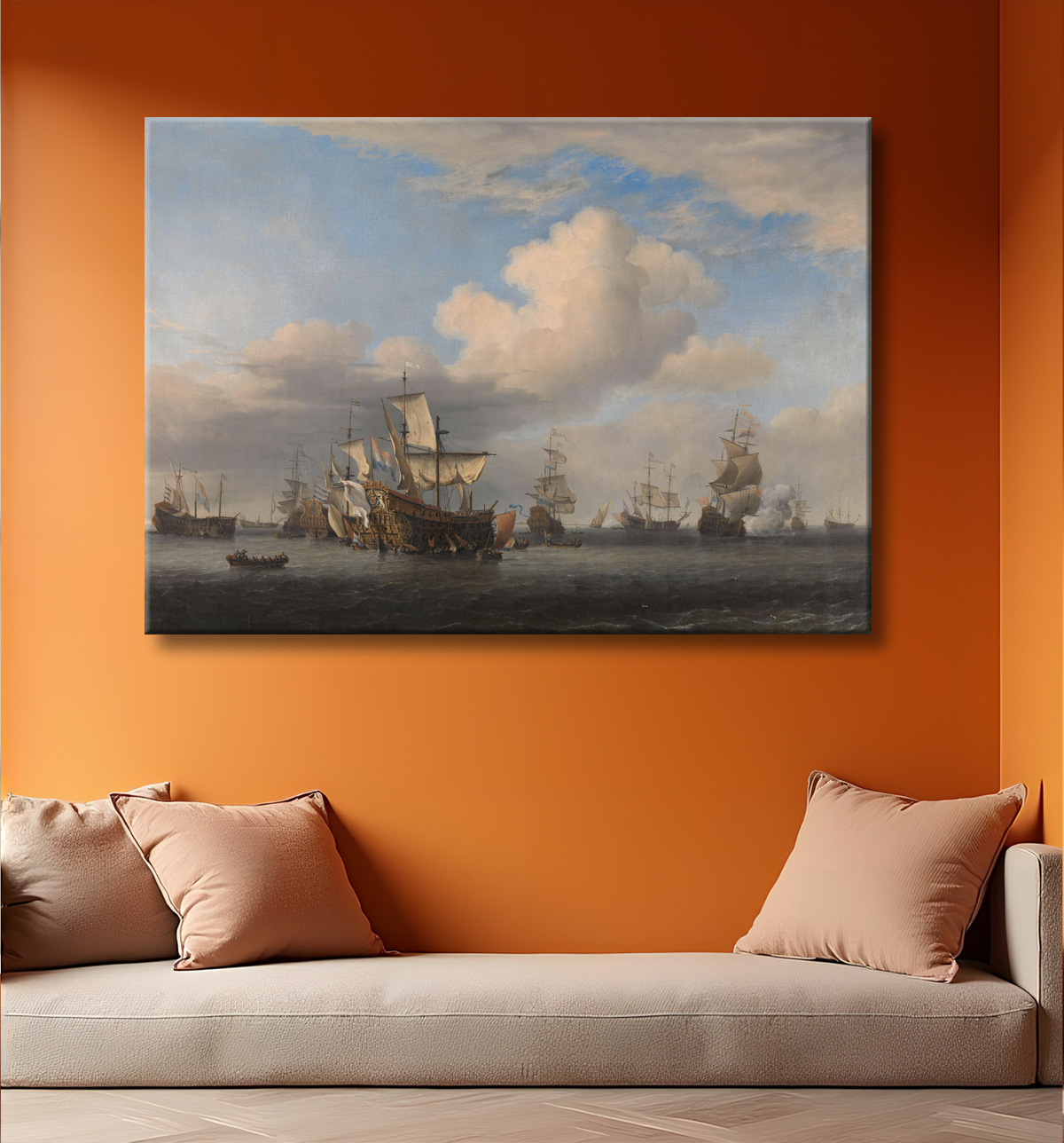 Reproduction Navires anglais capturés après la bataille de quatre jours de Willem van de Velde (II) avec decor