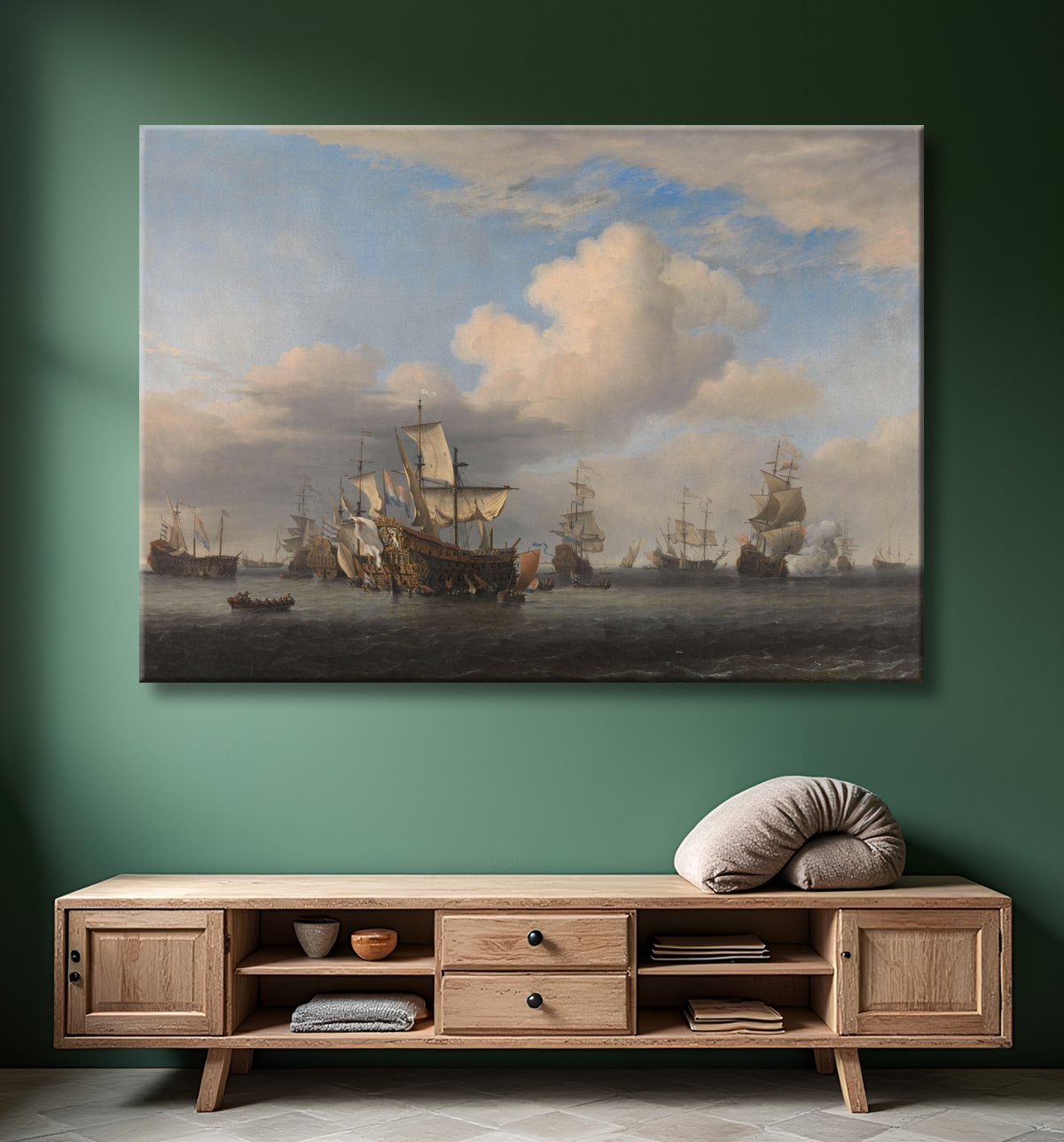 Reproduction Navires anglais capturés après la bataille de quatre jours de Willem van de Velde (II) avec decor