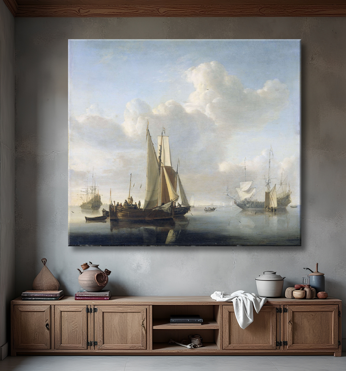 Reproduction Navires avant la côte de Willem van de Velde (II) avec decor
