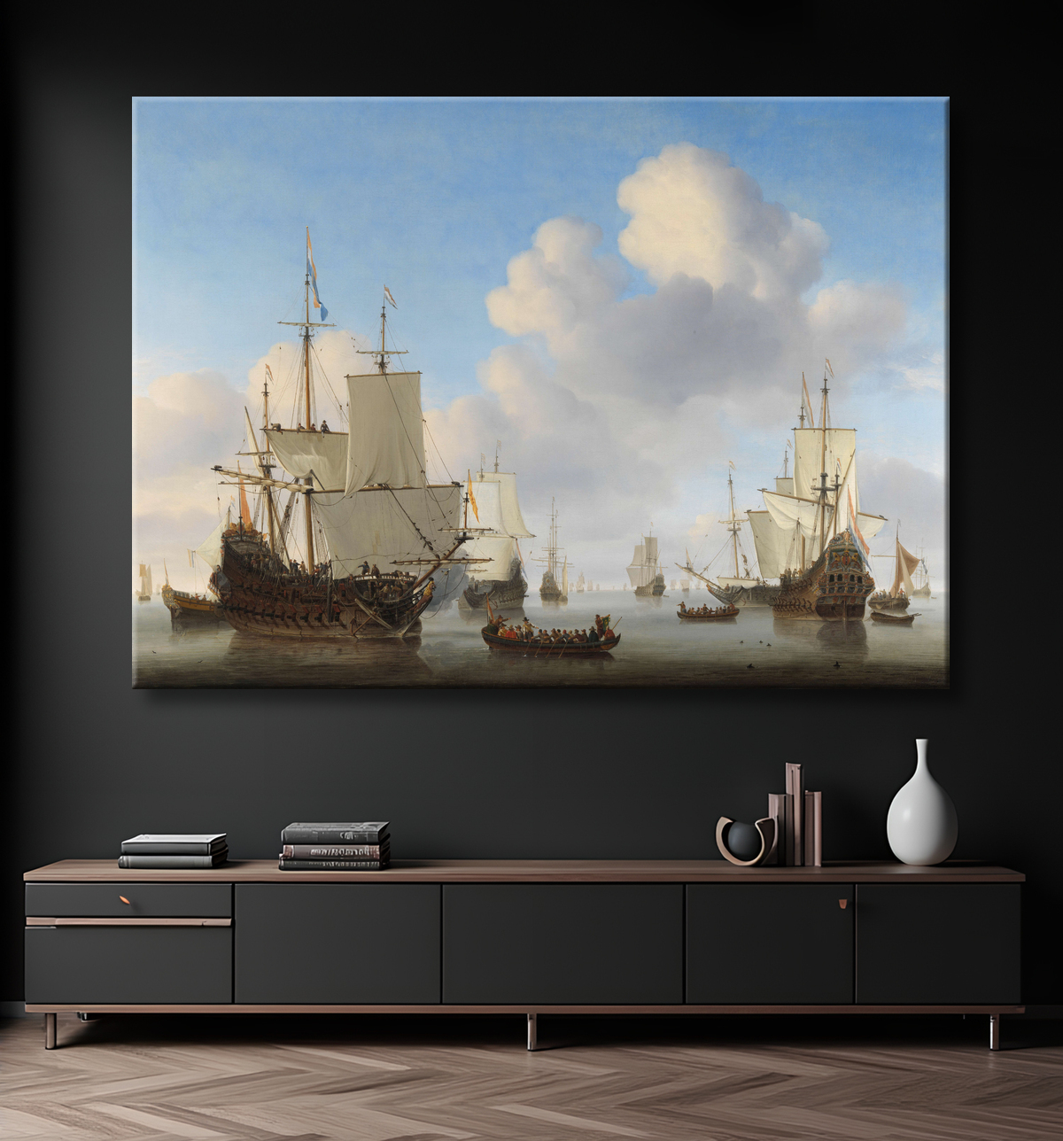 Reproduction Navires hollandais dans une mer calme de Willem van de Velde (II) avec decor
