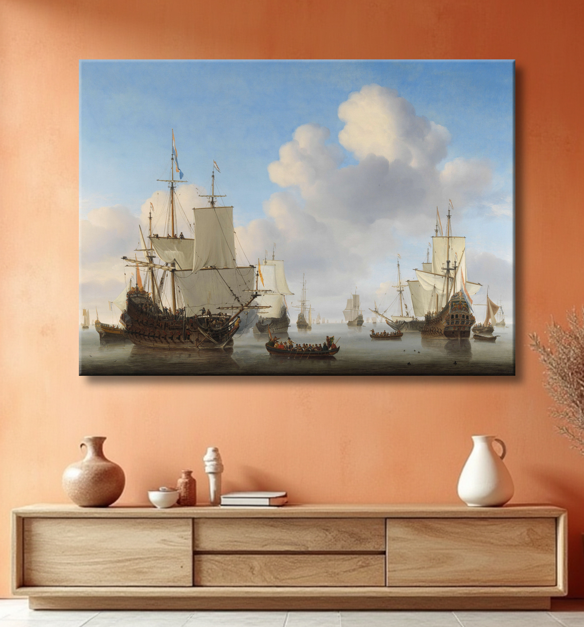 Reproduction Navires hollandais dans une mer calme de Willem van de Velde (II) avec decor