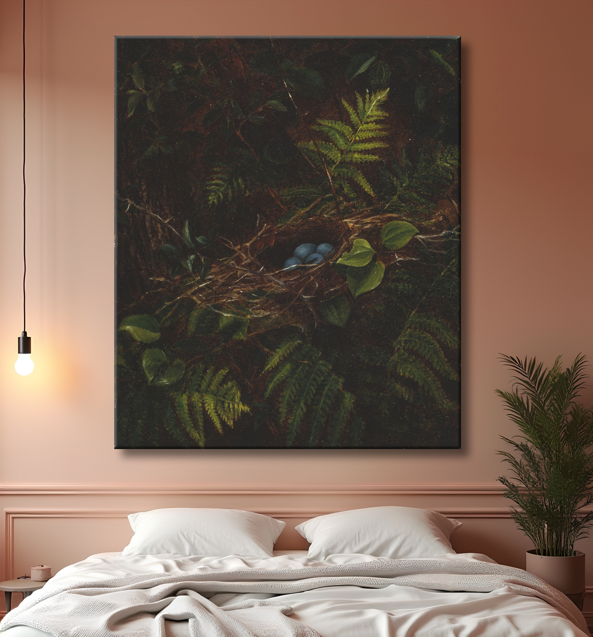 Reproduction Nid d'oiseau et fougères de Fidelia Bridges avec decor