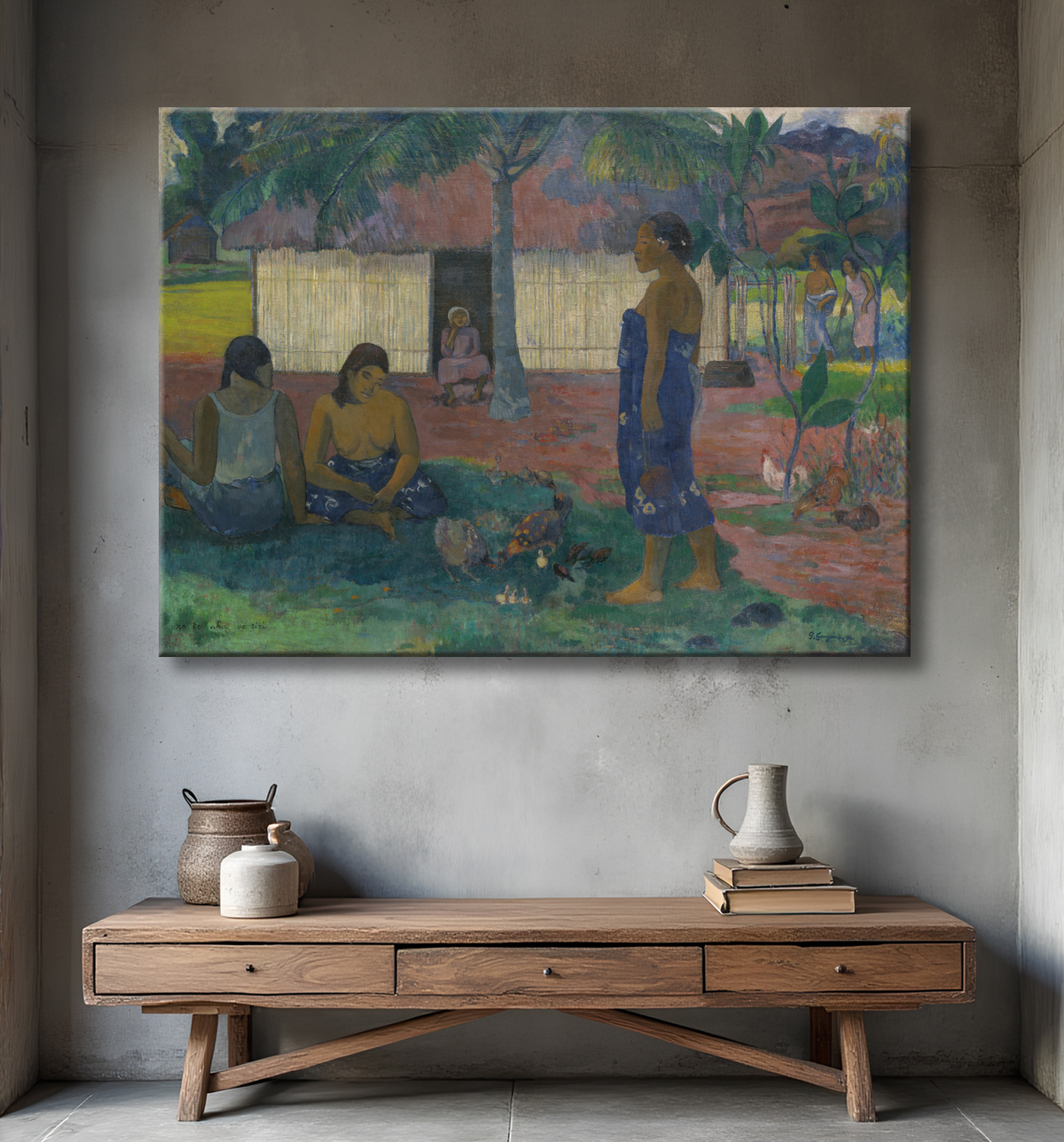 Reproduction No te aha oe riri (Pourquoi es-tu en colère ?) de Paul Gauguin avec decor