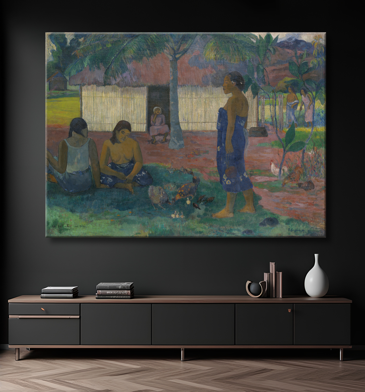 Reproduction No te aha oe riri (Pourquoi es-tu en colère ?) de Paul Gauguin avec decor