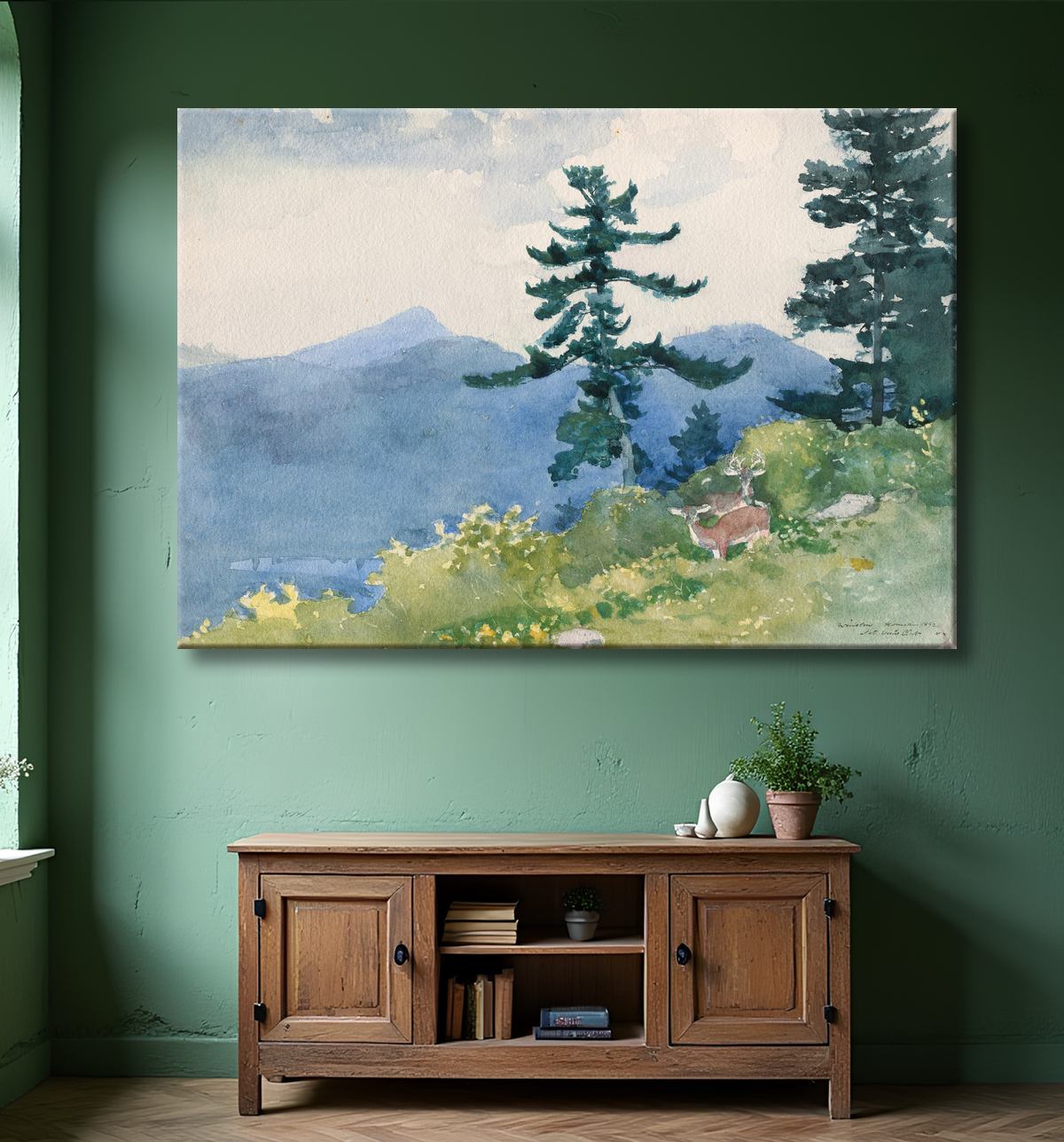Reproduction North Woods Club, Adirondacks (Le Tête-à-Tête interrompu) de Winslow Homer avec decor
