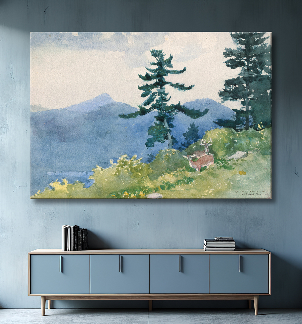 Reproduction North Woods Club, Adirondacks (Le Tête-à-Tête interrompu) de Winslow Homer avec decor