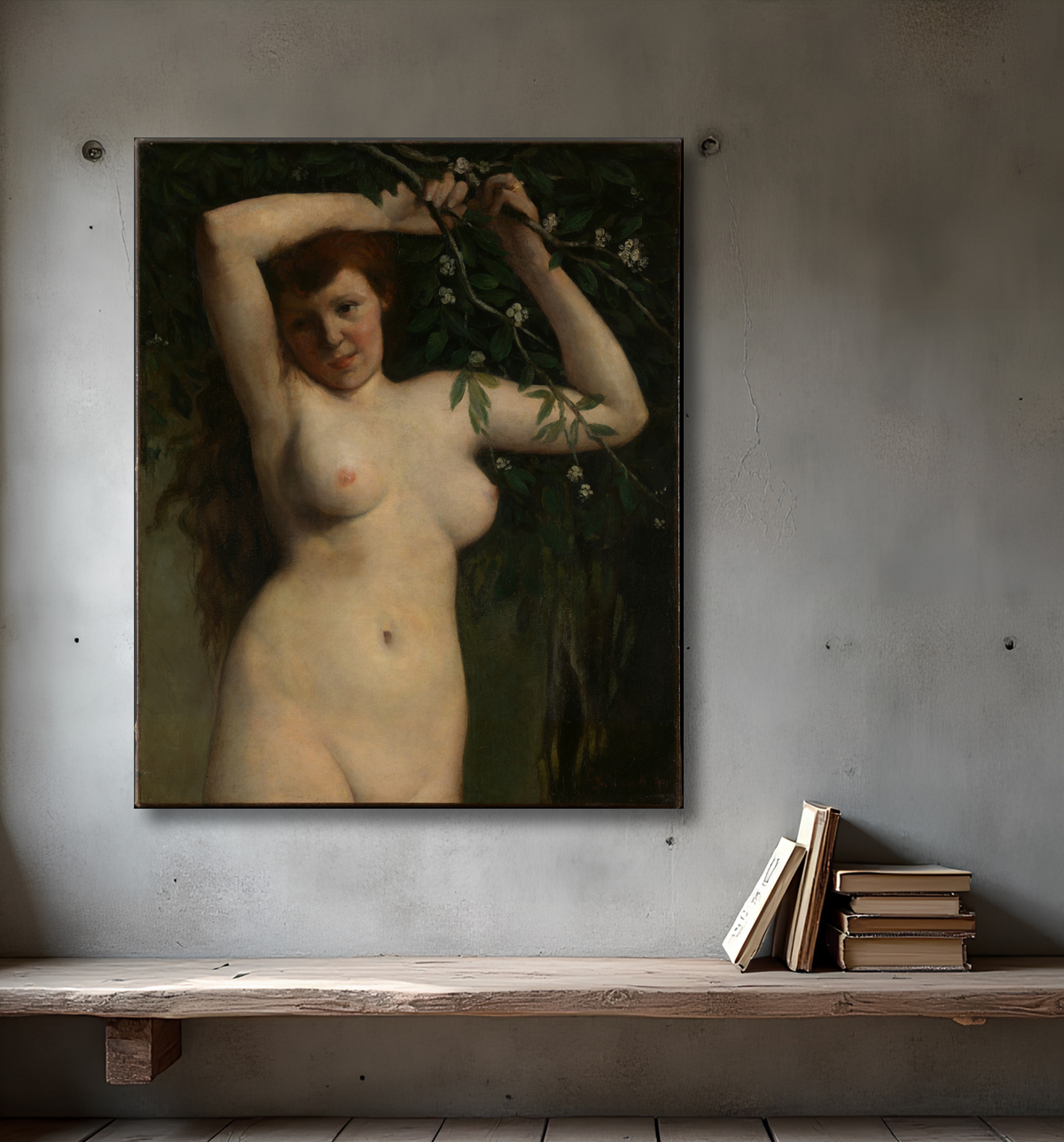 Reproduction Nu à la branche fleurie de Gustave Courbet avec decor