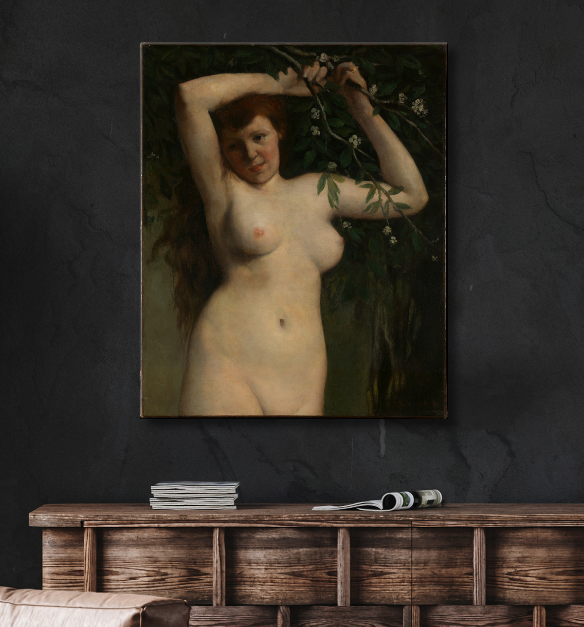 Reproduction Nu à la branche fleurie de Gustave Courbet avec decor