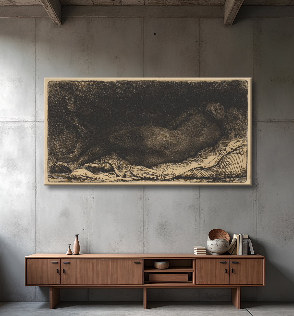 Reproduction Nu féminin allongé de Rembrandt (Rembrandt van Rijn) avec decor