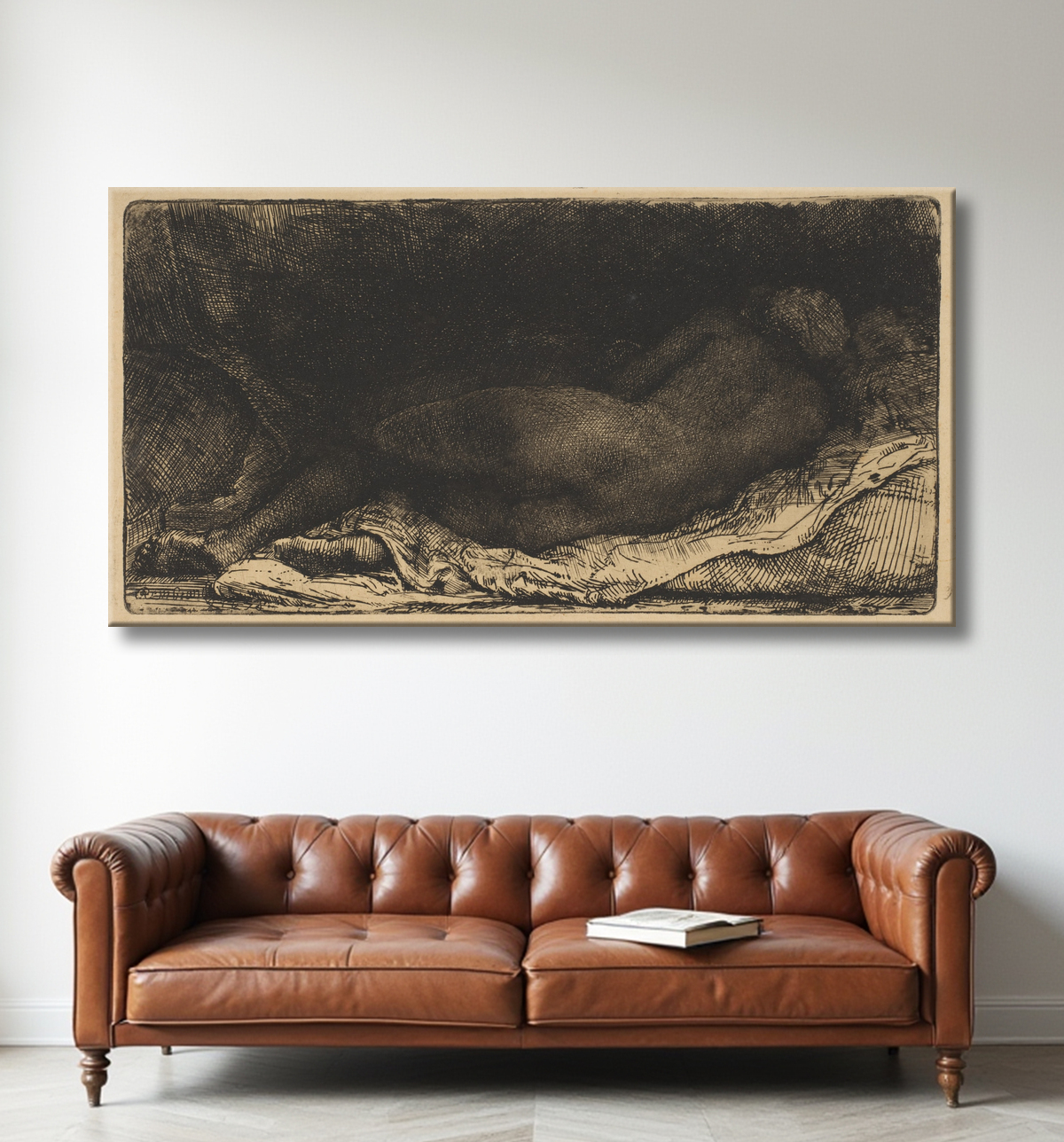 Reproduction Nu féminin allongé de Rembrandt (Rembrandt van Rijn) avec decor