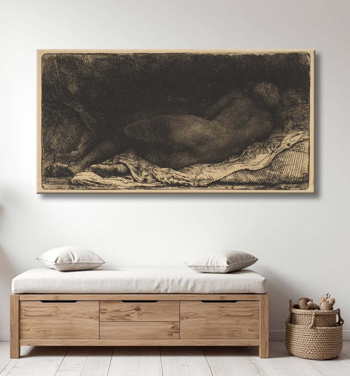 Reproduction Nu féminin allongé de Rembrandt (Rembrandt van Rijn) avec decor