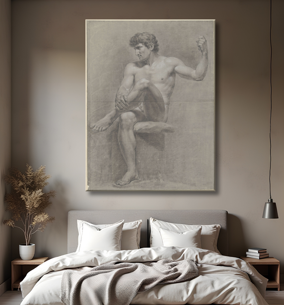 Reproduction Nu masculin assis, jambe gauche sur le genou droit de Jean Grandjean avec decor