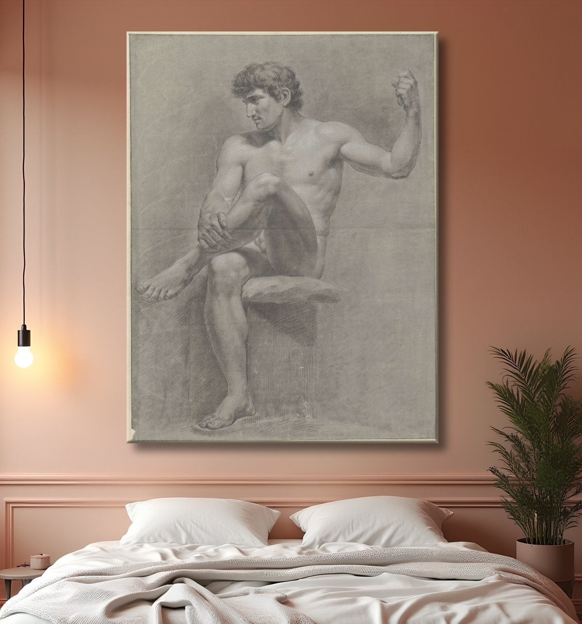 Reproduction Nu masculin assis, jambe gauche sur le genou droit de Jean Grandjean avec decor