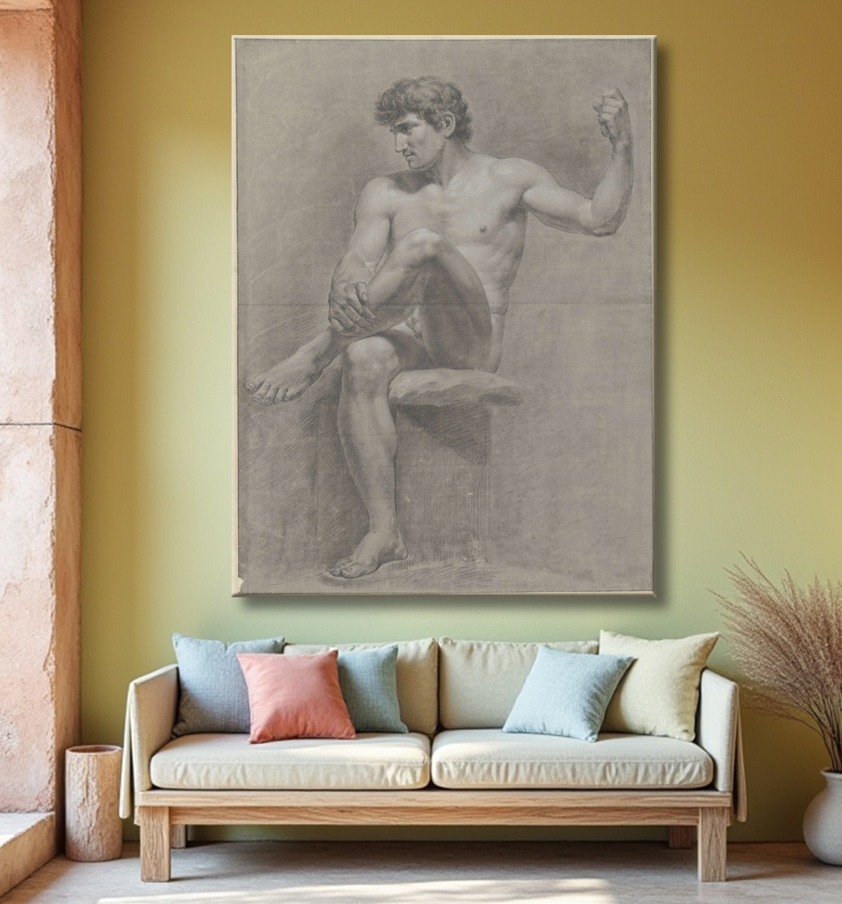 Reproduction Nu masculin assis, jambe gauche sur le genou droit de Jean Grandjean avec decor