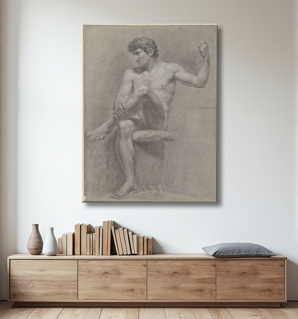 Reproduction Nu masculin assis, jambe gauche sur le genou droit de Jean Grandjean avec decor