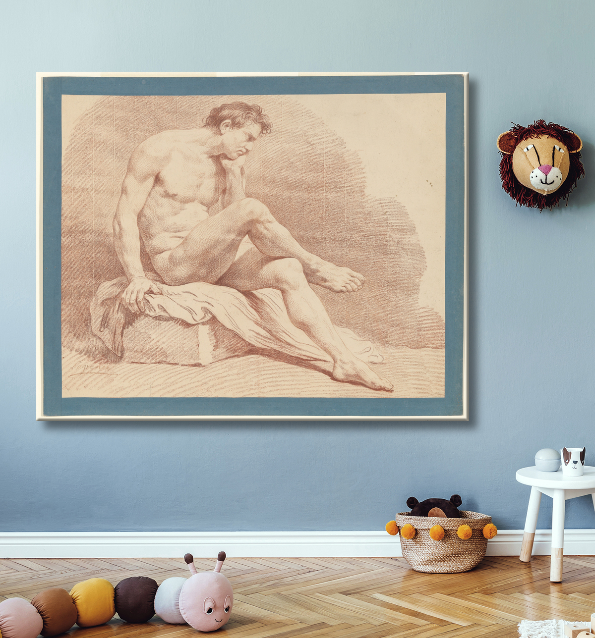 Reproduction nu masculin assis de Louis Lagrenée avec decor