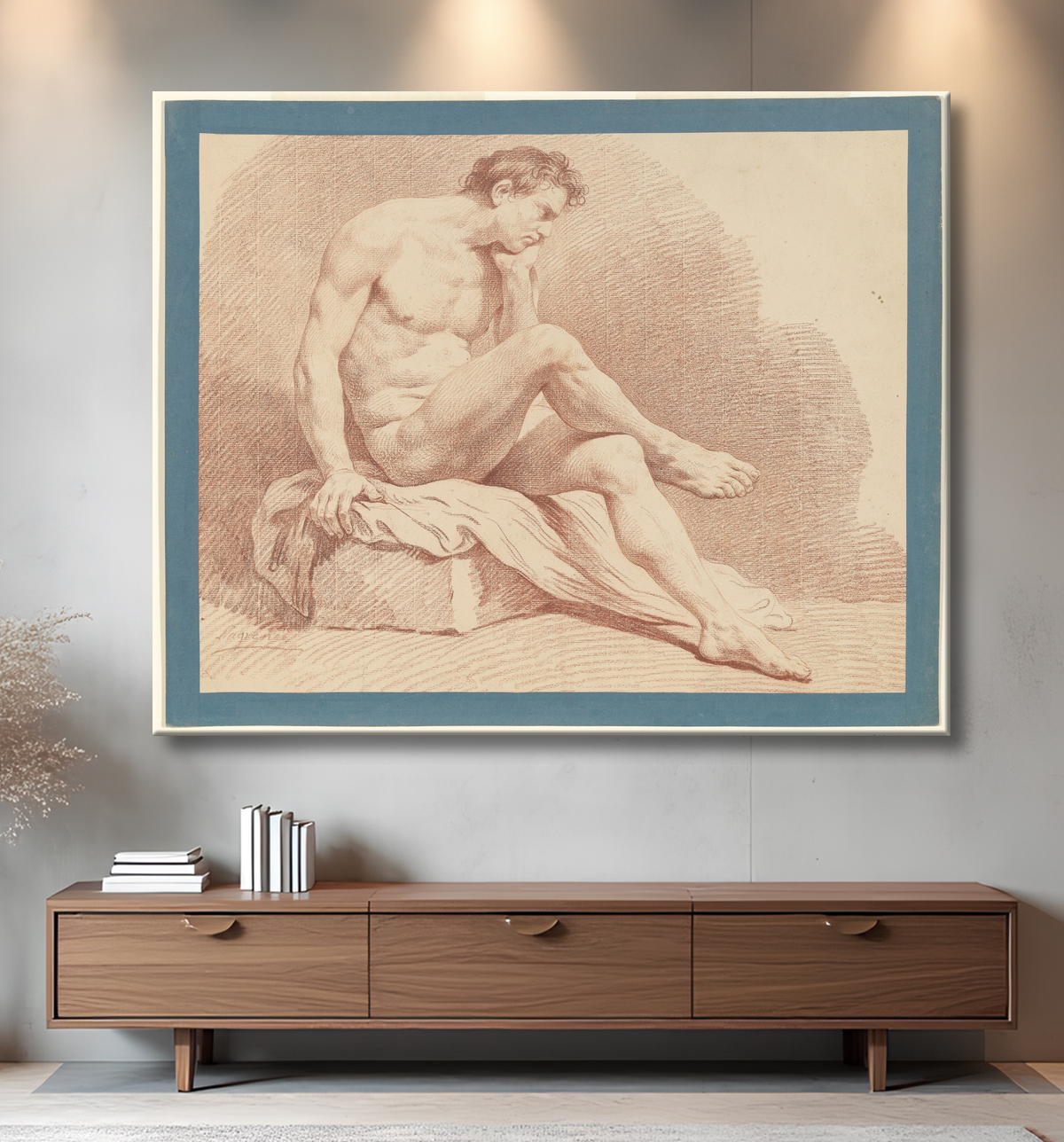 Reproduction nu masculin assis de Louis Lagrenée avec decor