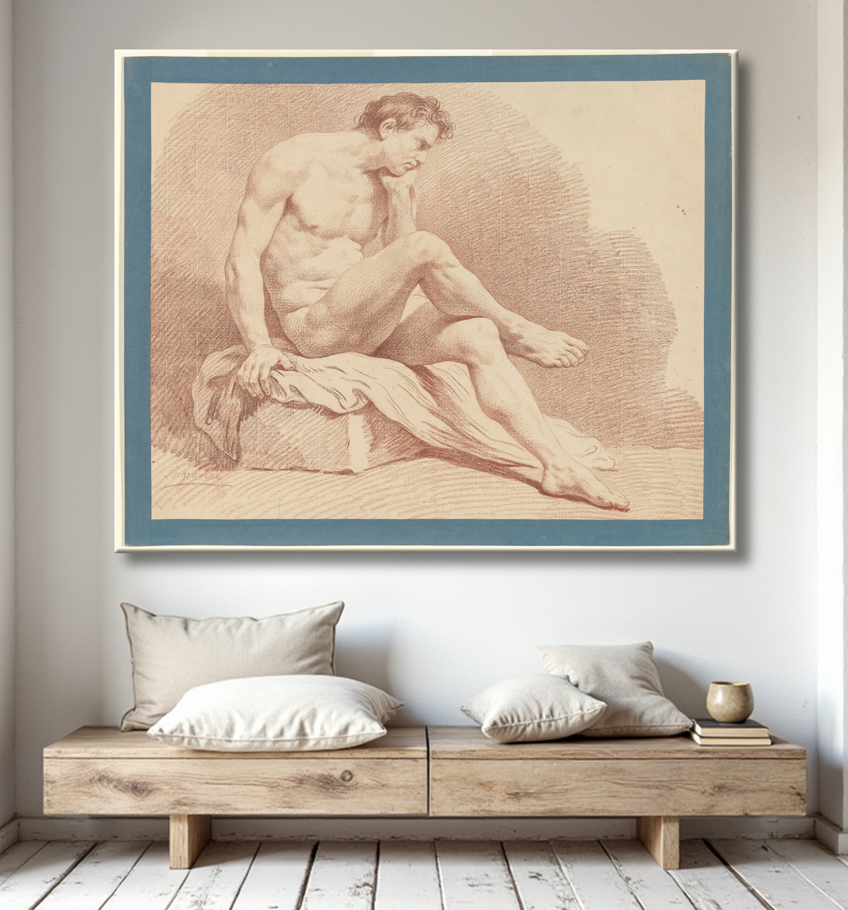 Reproduction nu masculin assis de Louis Lagrenée avec decor