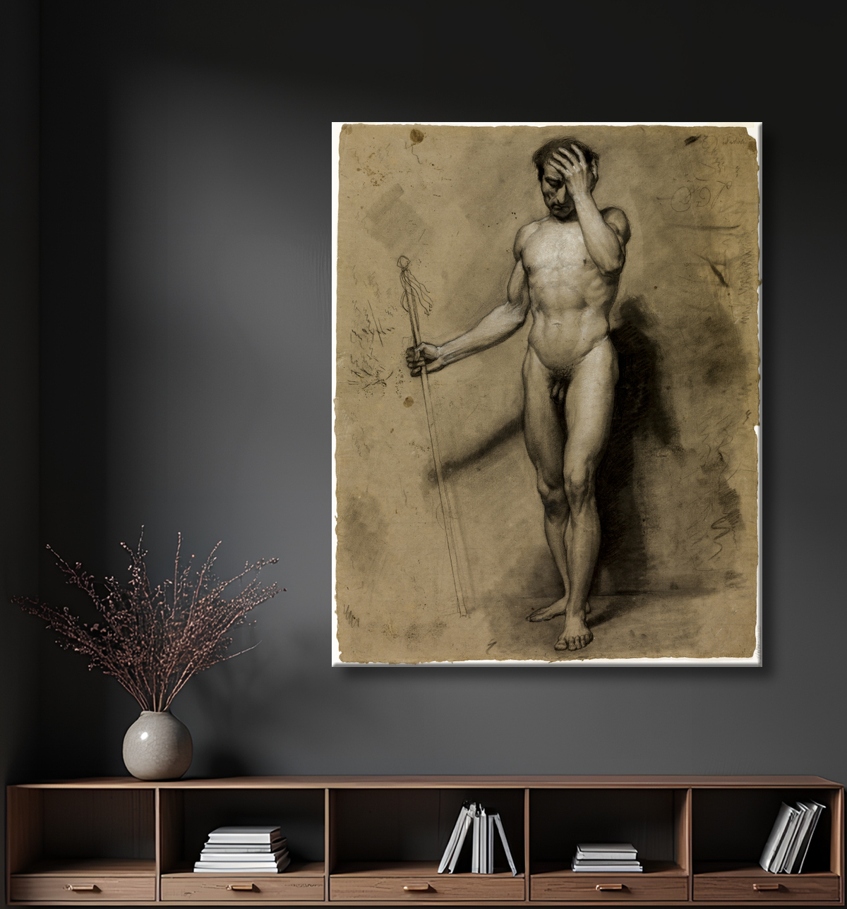 Reproduction Nu masculin debout (recto) ; Tête classique (verso) de Paul Emile Detouche avec decor