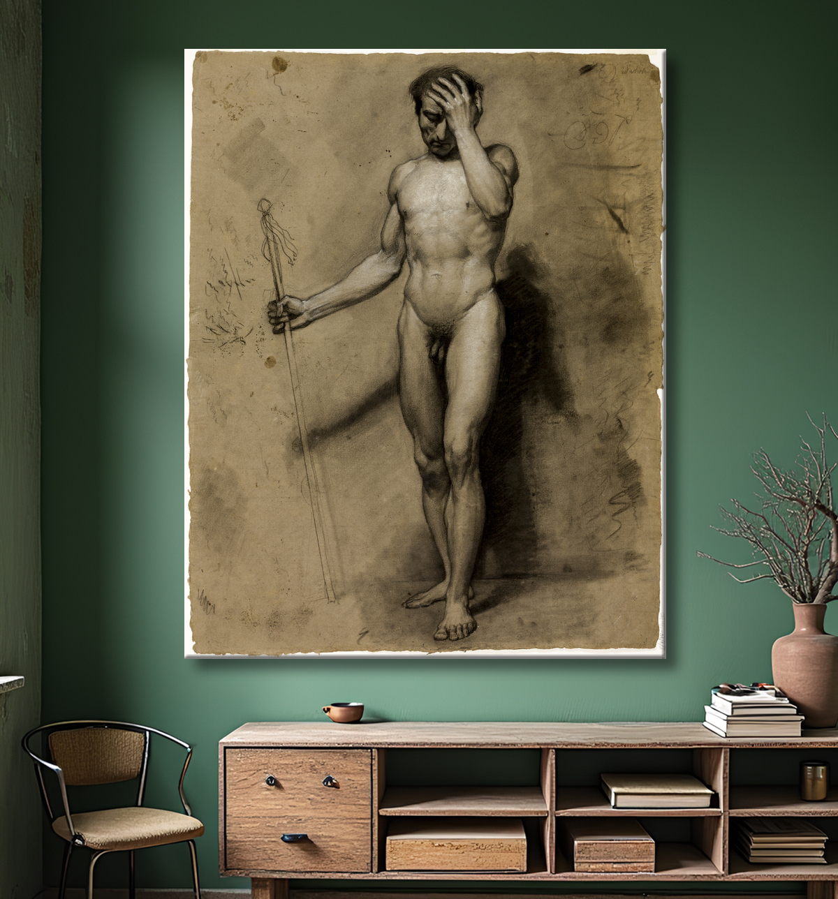 Reproduction Nu masculin debout (recto) ; Tête classique (verso) de Paul Emile Detouche avec decor