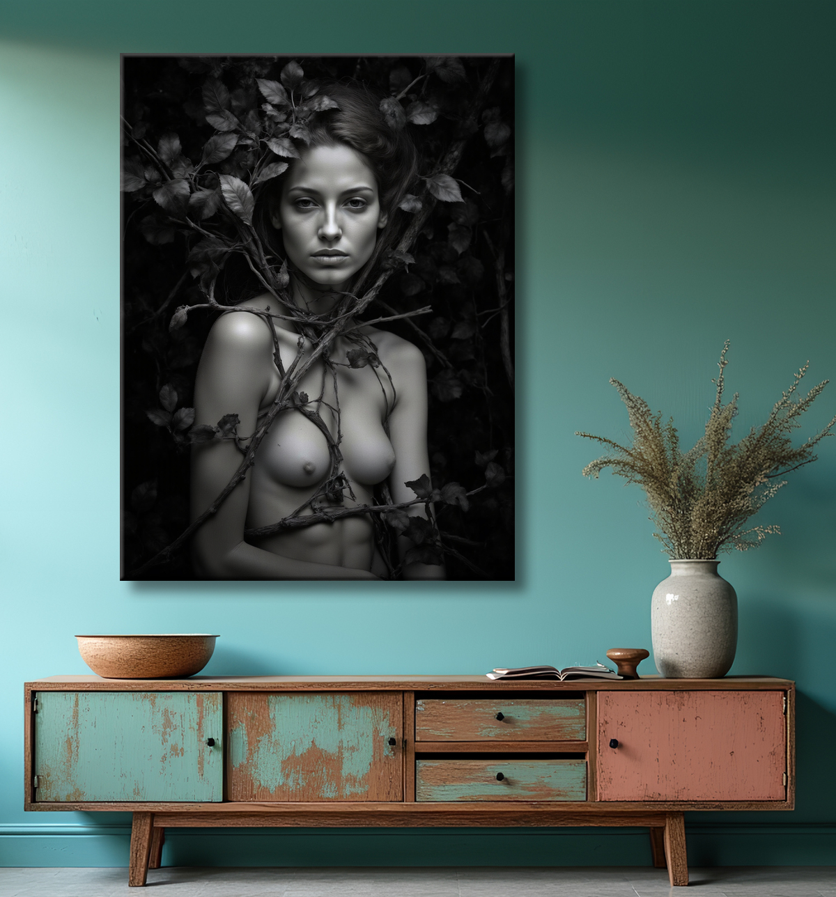 Tableau photo noir et blanc – Portrait féminin mystique en studio, contraste intense avec decor