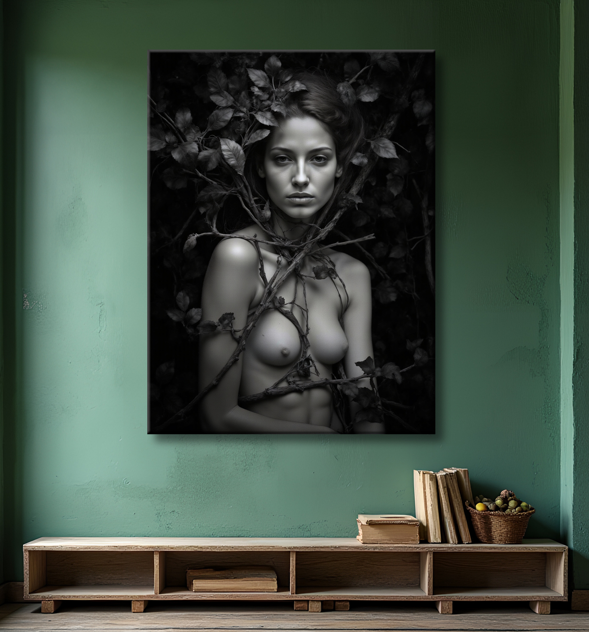 Tableau photo noir et blanc – Portrait féminin mystique en studio, contraste intense avec decor