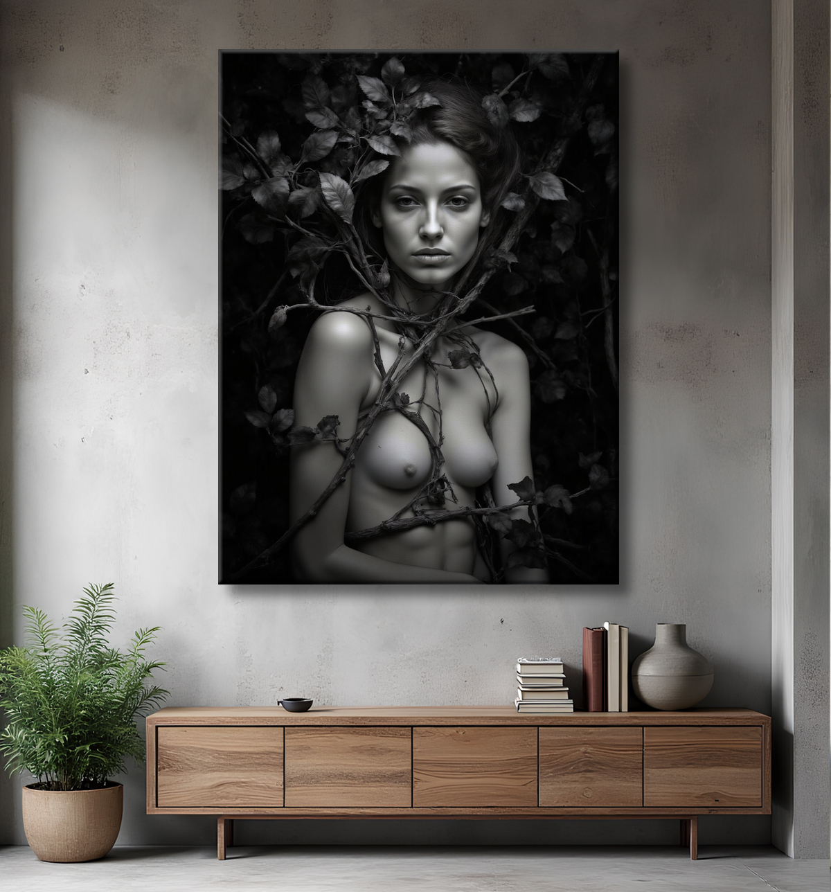 Tableau photo noir et blanc – Portrait féminin mystique en studio, contraste intense avec decor