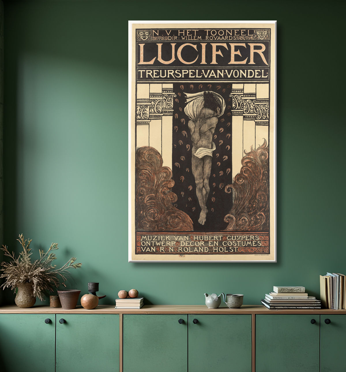 Reproduction NV Het Toneel. Réal. Willem Royard. Jeu de deuil de Lucifer de Vondel. Musique d'Hubert Cuyper. Design, décor, costumes par RN Roland Holst. de Richard Nicolaüs Roland Holst avec decor