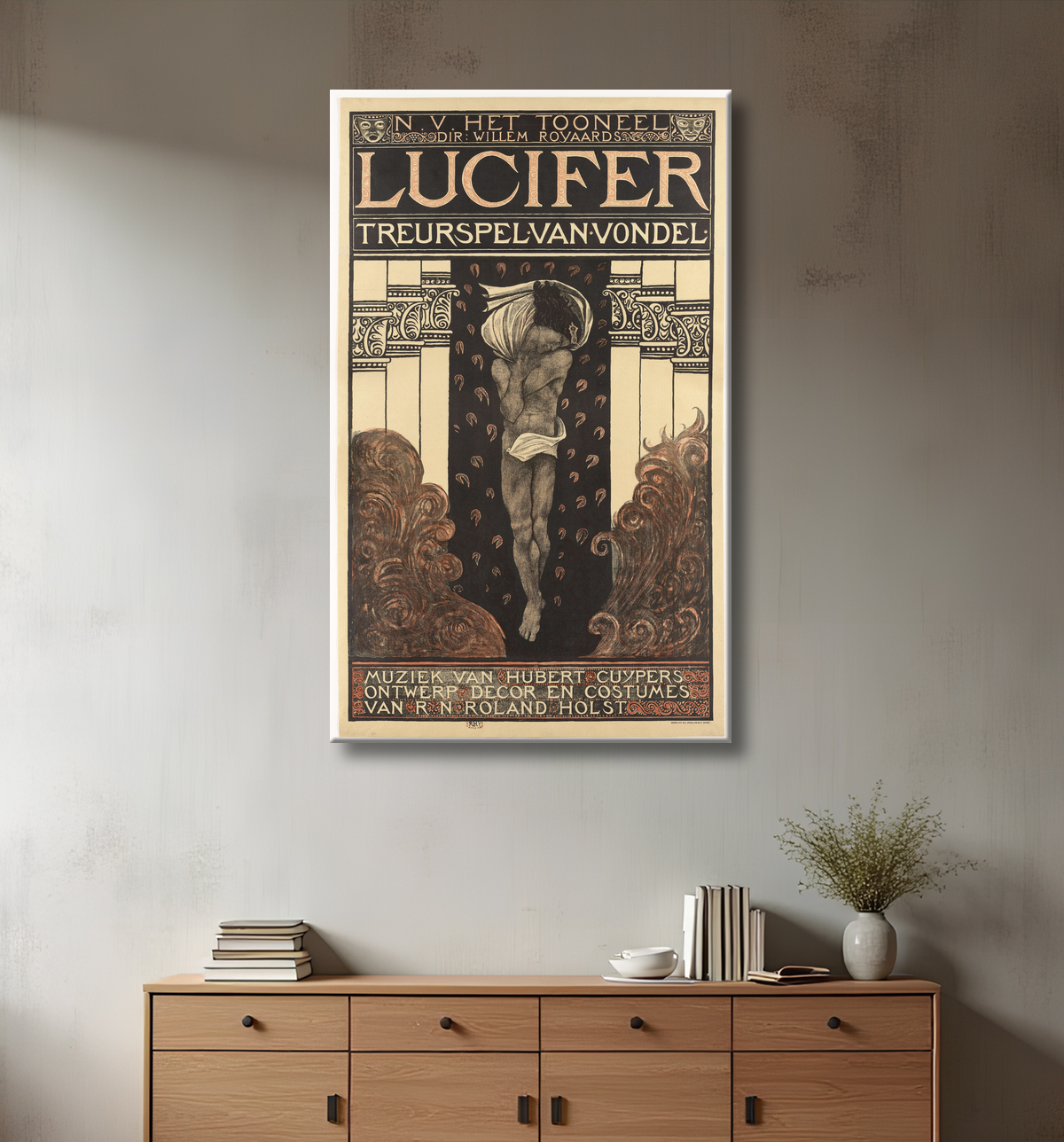 Reproduction NV Het Toneel. Réal. Willem Royard. Jeu de deuil de Lucifer de Vondel. Musique d'Hubert Cuyper. Design, décor, costumes par RN Roland Holst. de Richard Nicolaüs Roland Holst avec decor