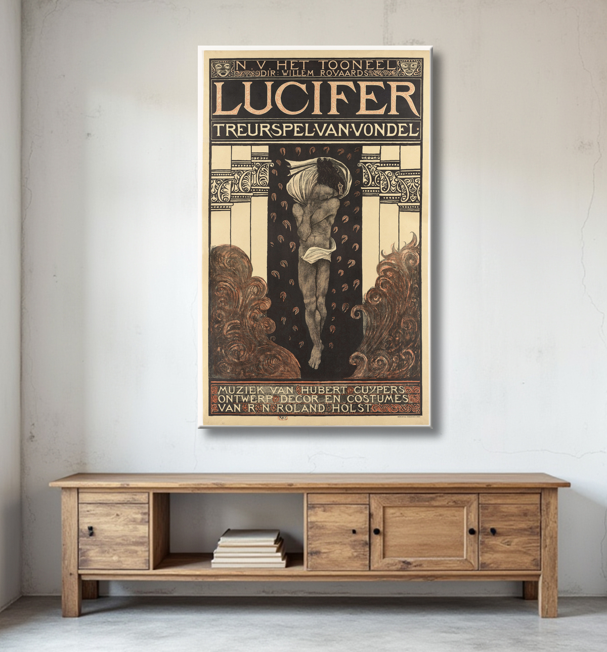 Reproduction NV Het Toneel. Réal. Willem Royard. Jeu de deuil de Lucifer de Vondel. Musique d'Hubert Cuyper. Design, décor, costumes par RN Roland Holst. de Richard Nicolaüs Roland Holst avec decor