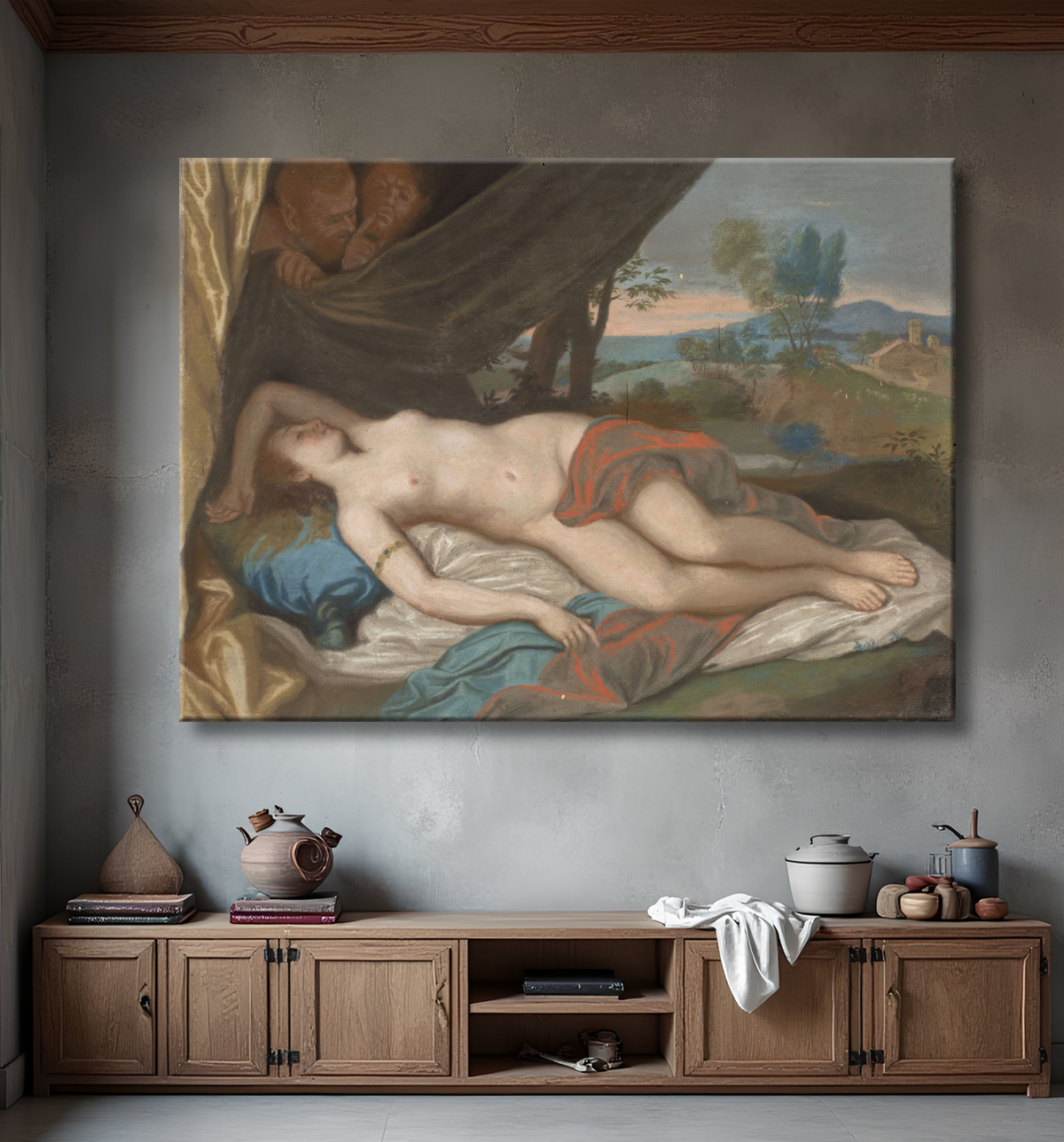 Reproduction Nymphe endormie espionnée par les satyres de Jean-Etienne Liotard avec decor