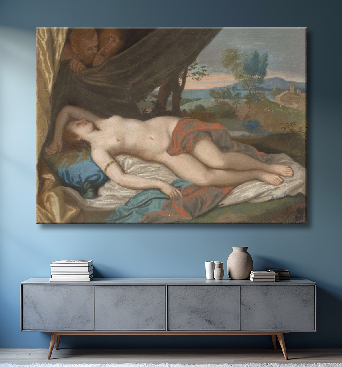 Reproduction Nymphe endormie espionnée par les satyres de Jean-Etienne Liotard avec decor