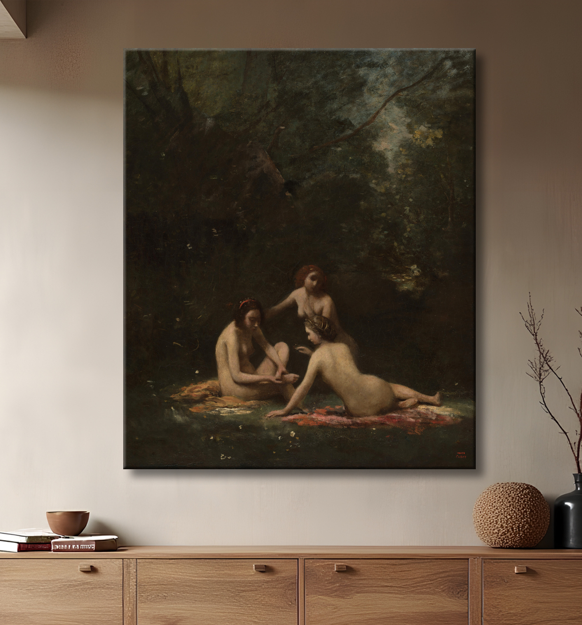 Reproduction Nymphes sortant du bain de Jean Baptiste Camille Corot avec decor