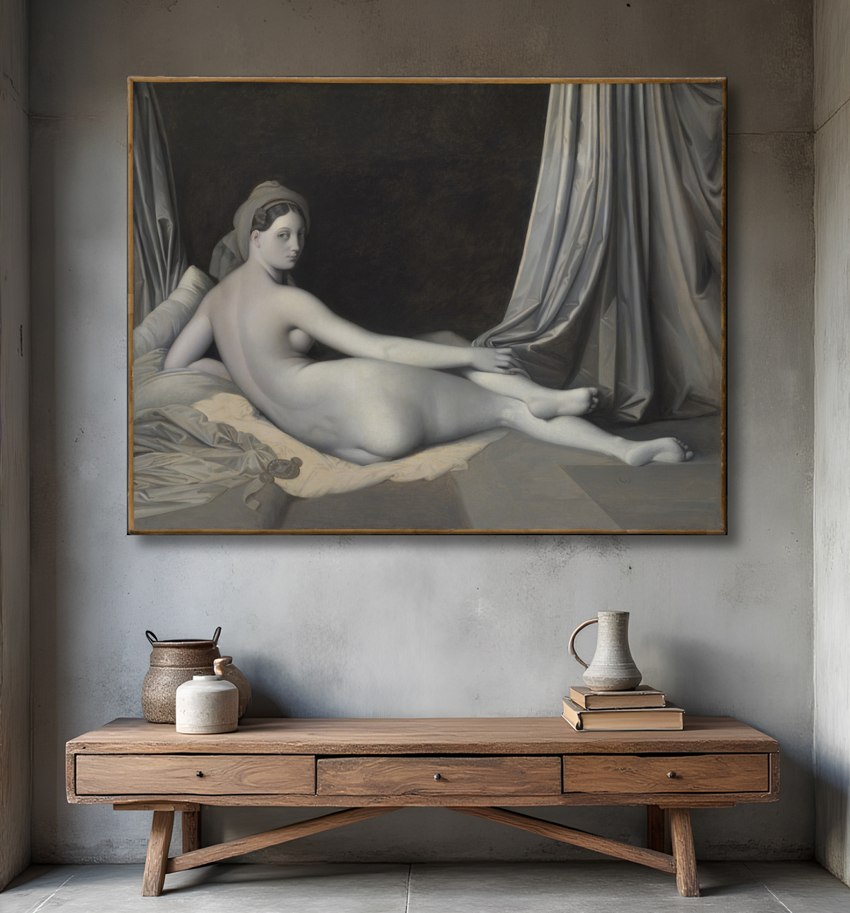 Reproduction Odalisque in Grisaille de Jean Auguste Dominique Ingres avec decor