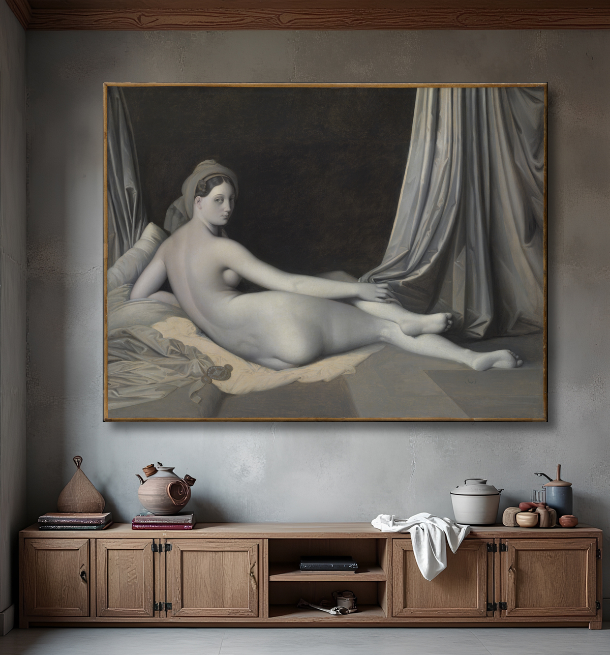 Reproduction Odalisque in Grisaille de Jean Auguste Dominique Ingres avec decor