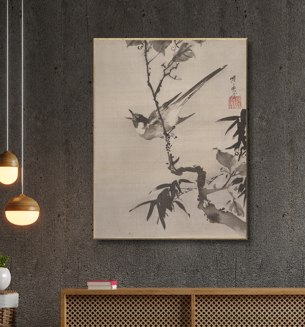 Reproduction Oiseau chantant sur une branche de Kawanabe Kyōsai 河鍋暁斎 avec decor
