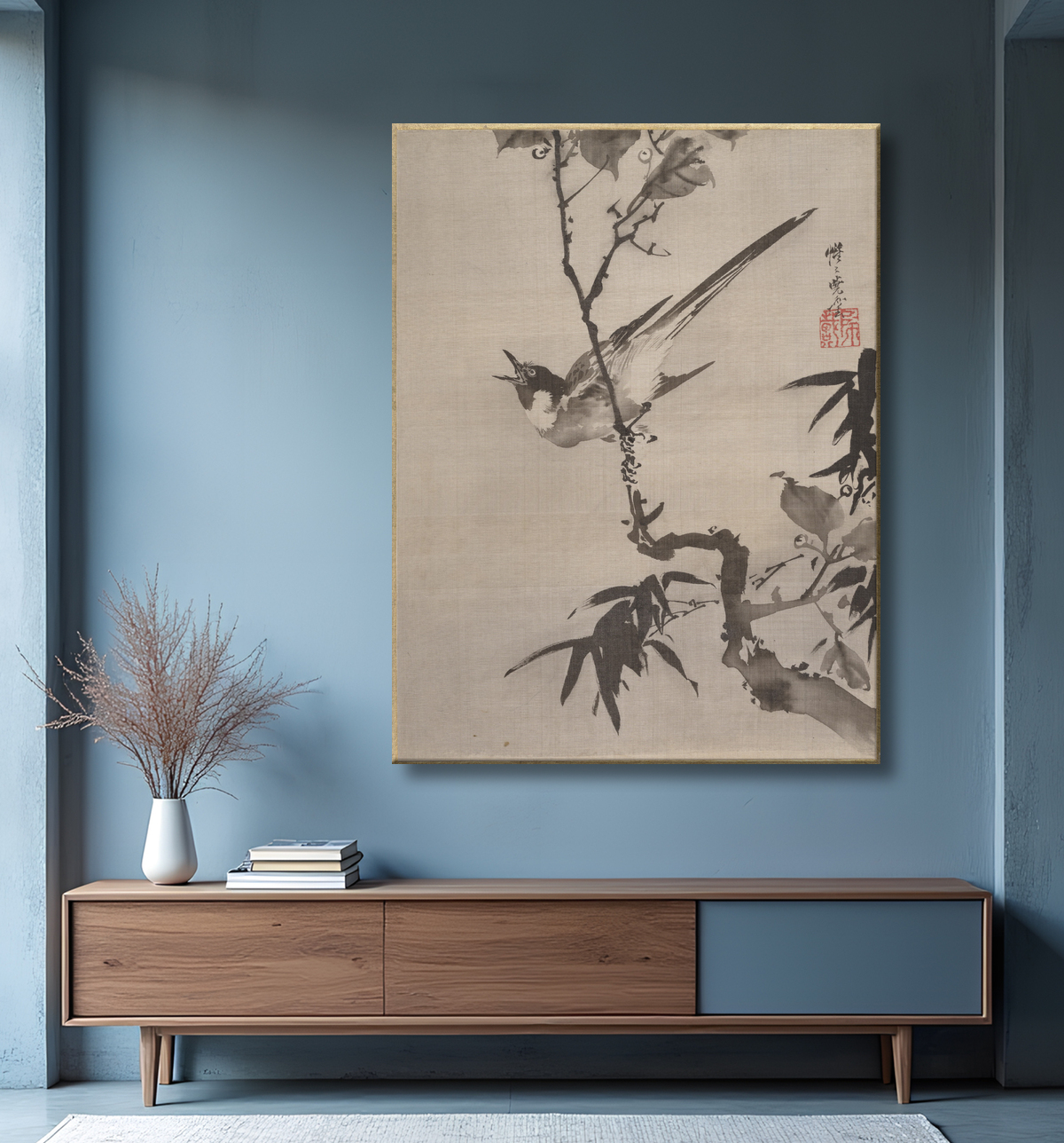 Reproduction Oiseau chantant sur une branche de Kawanabe Kyōsai 河鍋暁斎 avec decor