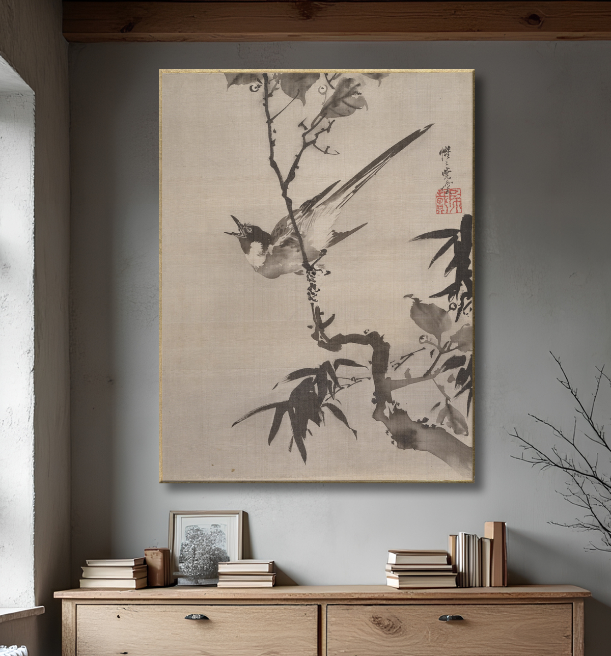 Reproduction Oiseau chantant sur une branche de Kawanabe Kyōsai 河鍋暁斎 avec decor