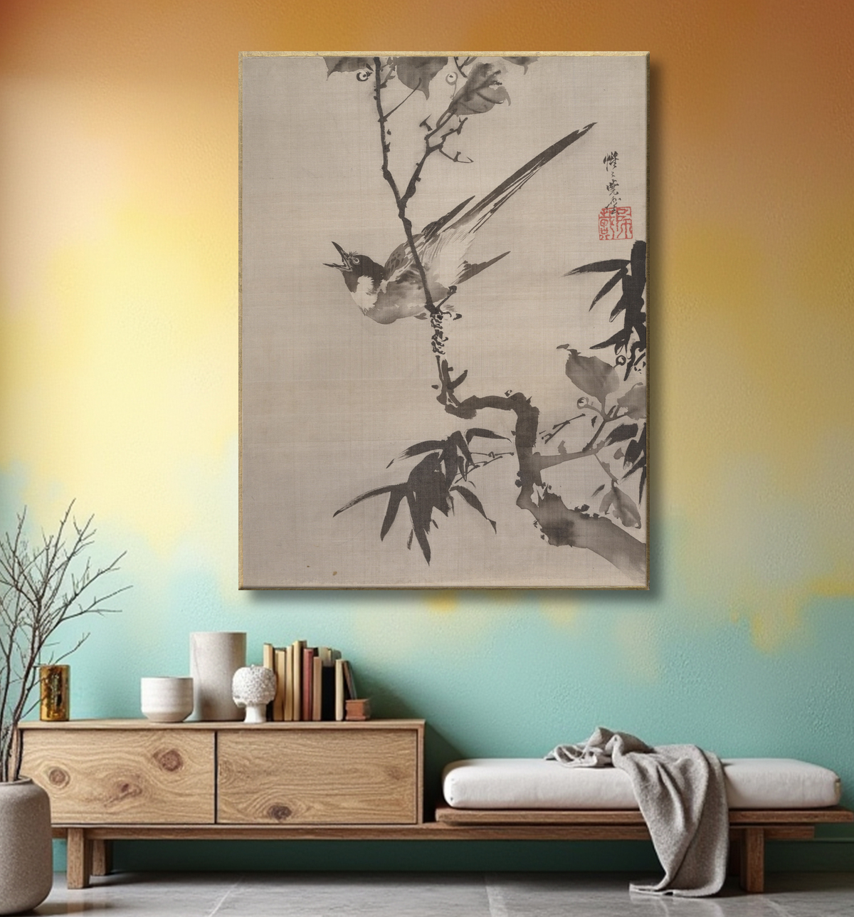 Reproduction Oiseau chantant sur une branche de Kawanabe Kyōsai 河鍋暁斎 avec decor