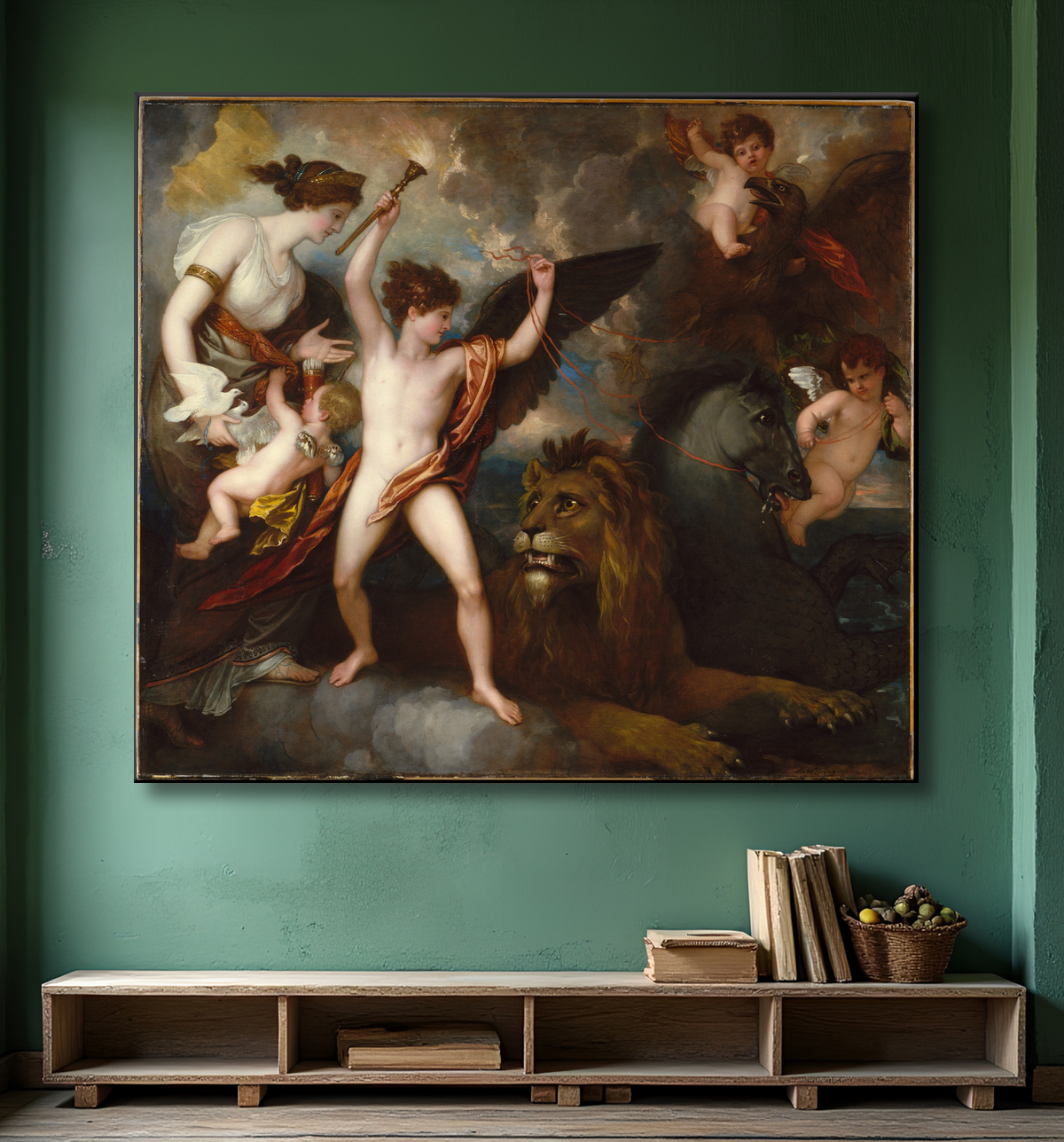 Reproduction Omnia Vincit Amor, ou Le pouvoir de l'amour dans les trois éléments de Benjamin West avec decor