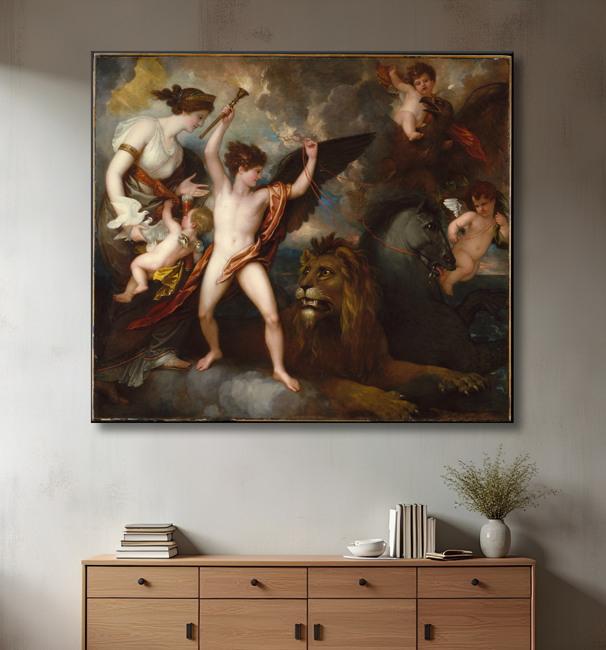Reproduction Omnia Vincit Amor, ou Le pouvoir de l'amour dans les trois éléments de Benjamin West avec decor
