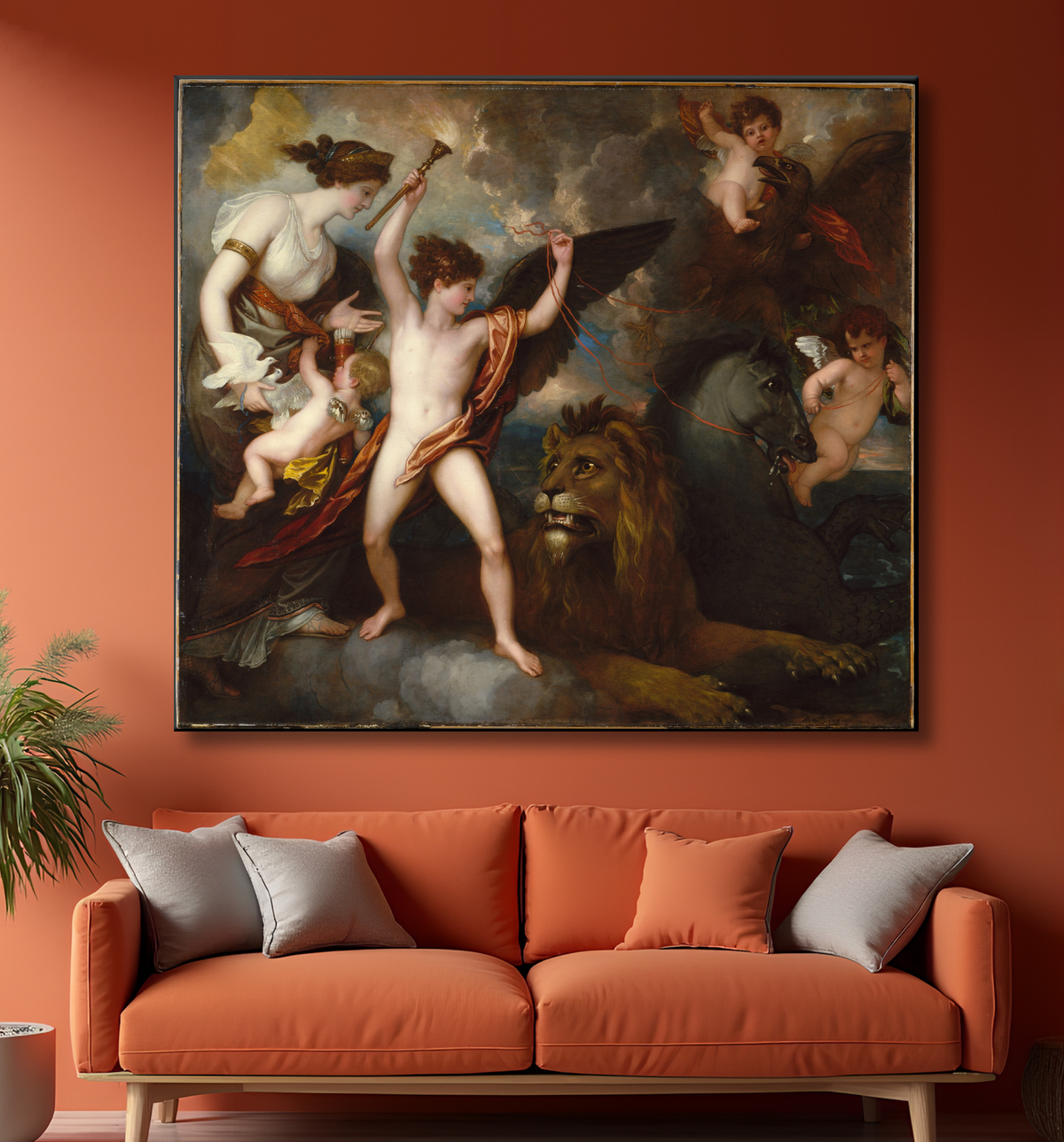 Reproduction Omnia Vincit Amor, ou Le pouvoir de l'amour dans les trois éléments de Benjamin West avec decor